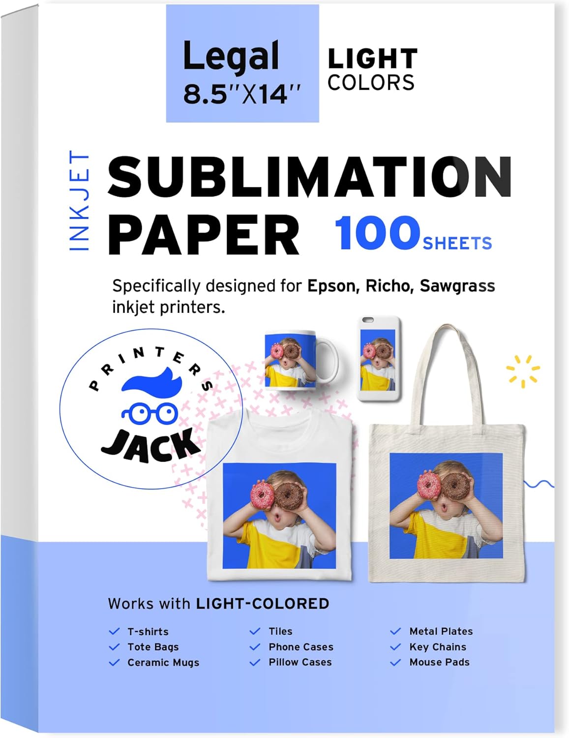 Printers Jack Sublimation Paper 8.5x14 inches, 100 Sheets 120gsm for Any Epson Sawgrass Inkjet Printer with Sublimation Ink, Heat Transfer Sublimation Paper for T-shirt, Mugs, Light Fabric