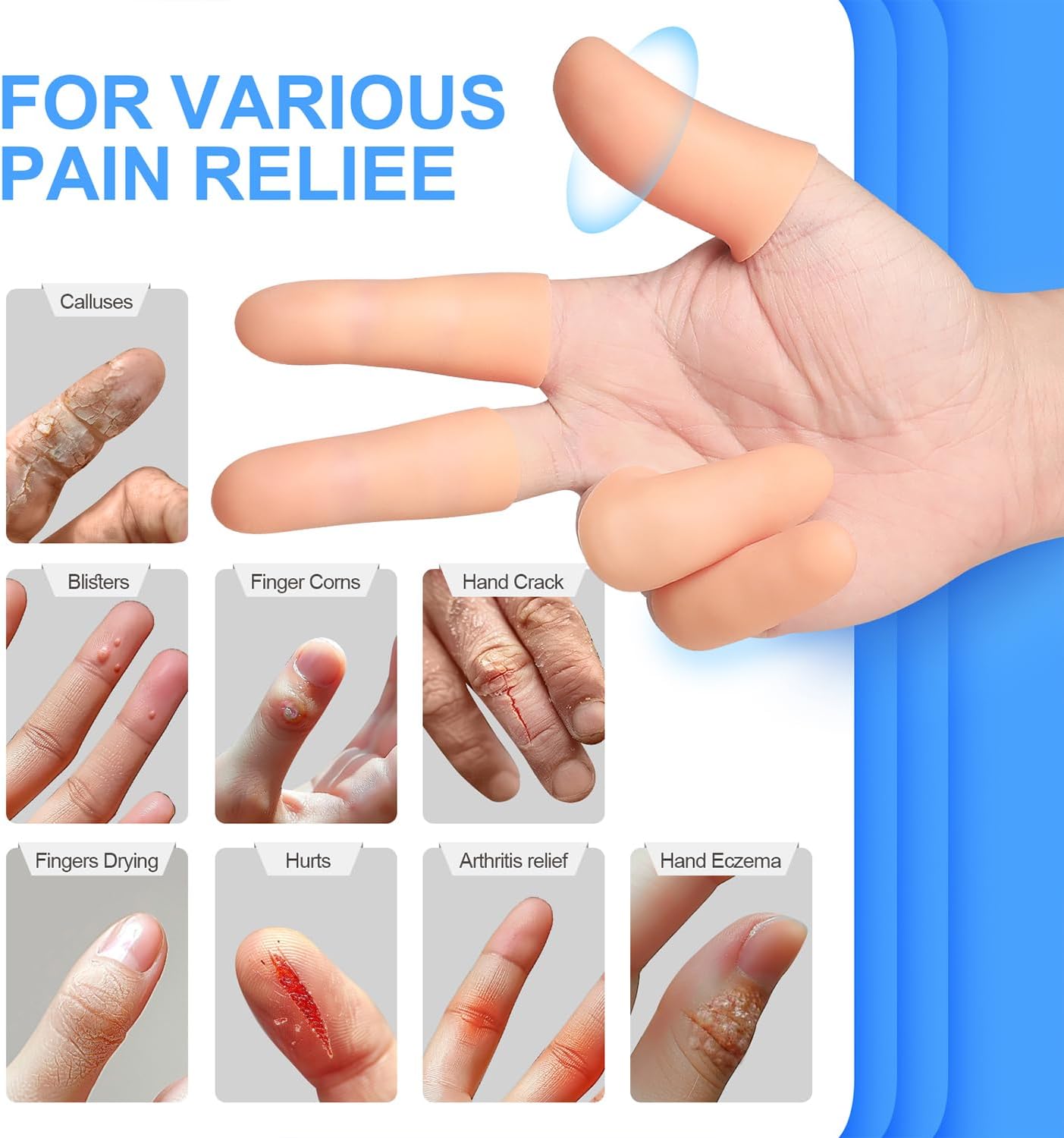 20 Pcs Gel Finger Protectors, Finger Caps Silicone Fingertips Protection, Reusable Soft High Elastic Fingertip Bandages for Relief Fingers Arthritis, Cracked , and Other Fingers Pain(Multi-Size)