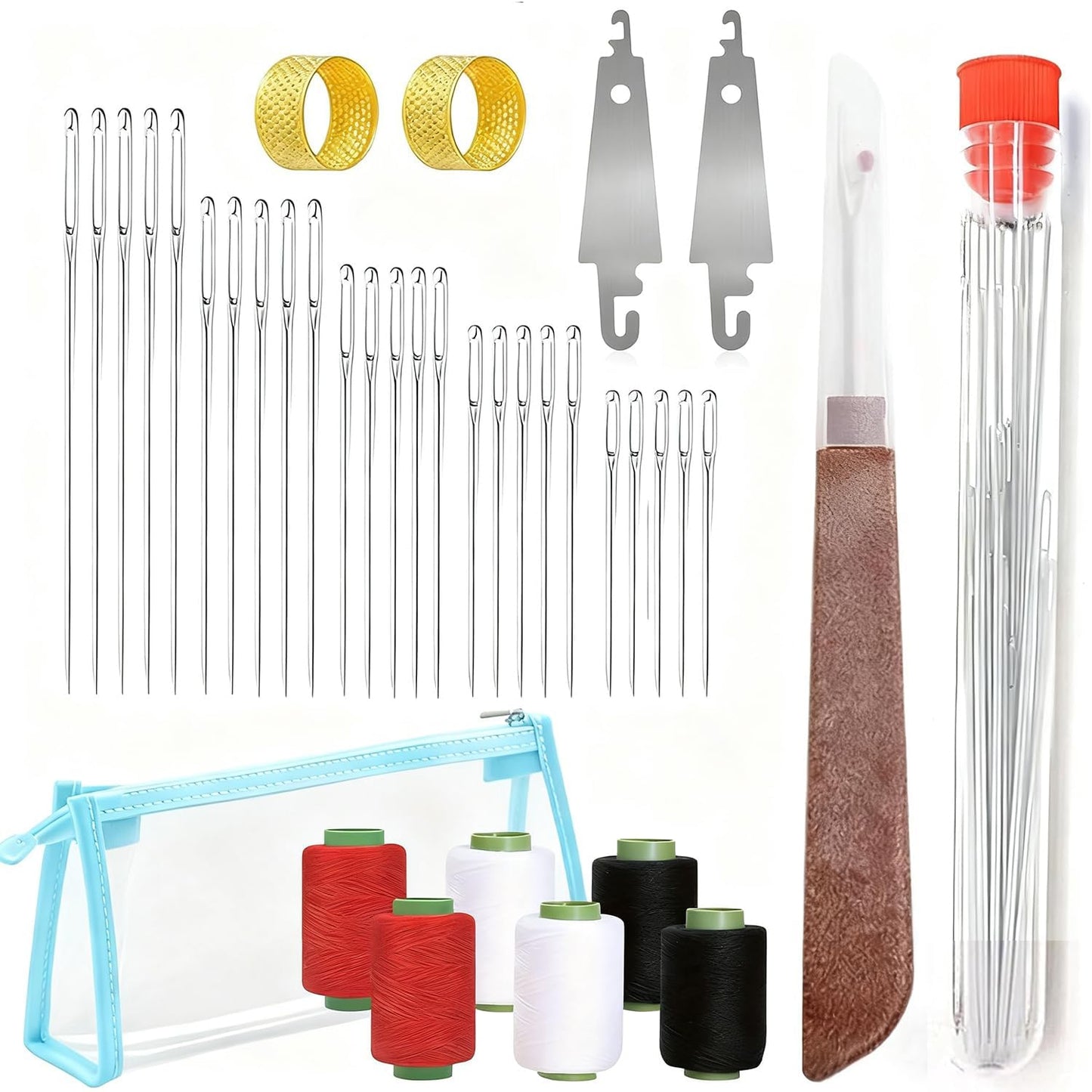 Big Eye Steel Sewing Needles Kit, 37-Piece Stainless Steel Hand Sewing Set with Thread, Thimble & Threader, for DIY Crafts, Home Travel Mending and Emergency Repairs on Leather and Denim