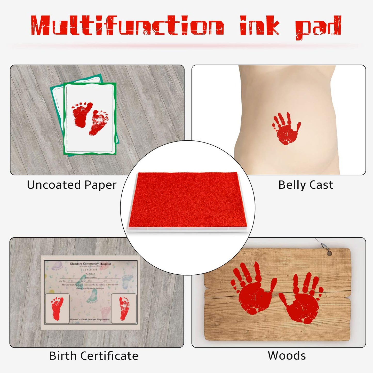 Ink Pad, 5x4'' Washable Non-Toxic Ink Stamp Pad for Baby Footprint Handprint, Red