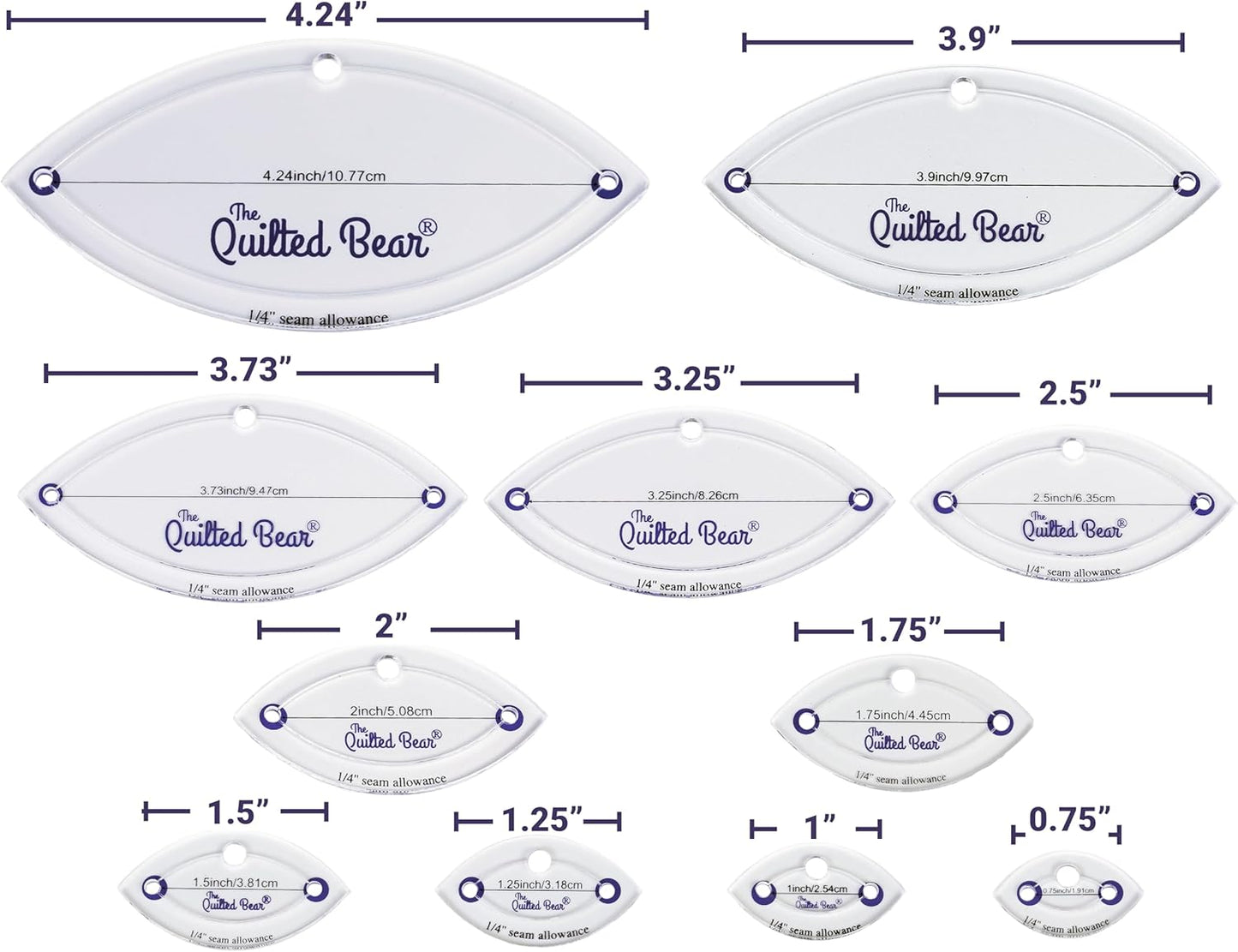 The Quilted Bear Leaf Quilting Templates – 8 Clear Non-Slip Acrylic Quilt Templates for Precise Fabric Cutting & Stress-Free Machine Quilting - Ideal for Quilt & Sewing Supplies (¾–3")