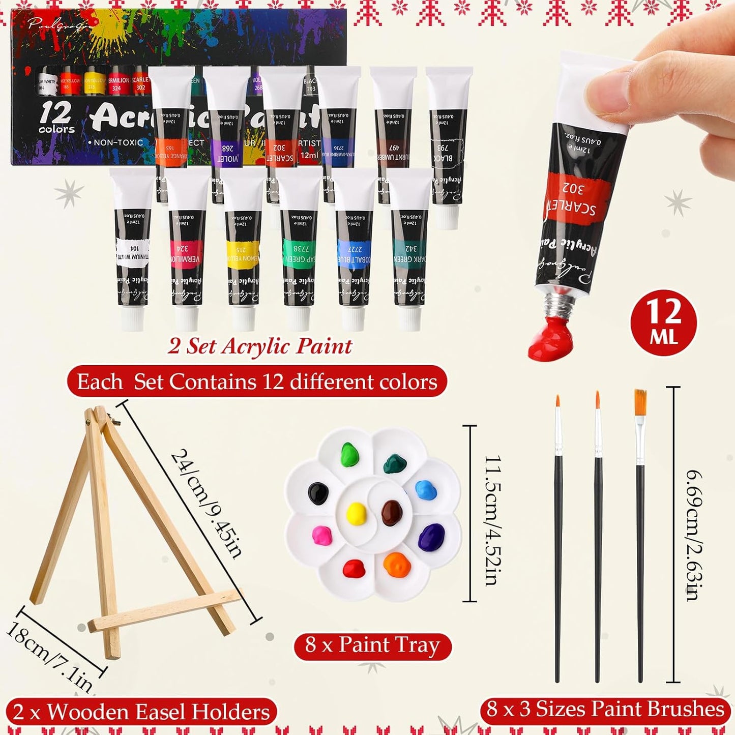 Cholemy 36 Pcs Paint and Sip Kit for Adults 8''x10'' Pre Drawn Canvas for Painting DIY Afro Acrylic Painting Kit Wood Easel Brushes Date Night Bulk for Christmas Party Gifts(Christmas B)
