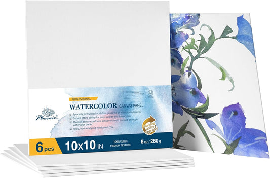 PHOENIX Watercolor Canvas Boards for Painting - 10x10 Inch/6 Pack, 100% Cotton Water Color Square Canvas Panels, 8 Oz. / 260g White Blank Medium Texture Flat Canvases for Water Based Paints