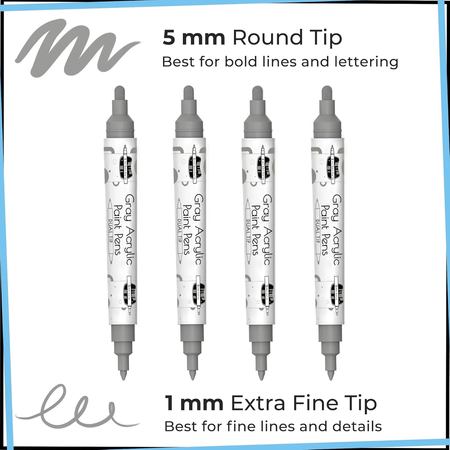 4 Dual Tip Gray Paint Pen Metallic - Fine Tip & Medium Acrylic Paint Markers - Gray Marker for Metal, Wood, Rock Painting, Canvas, Ceramic, Glass, Fabric, Leaf and Plastic - Water-based Ink