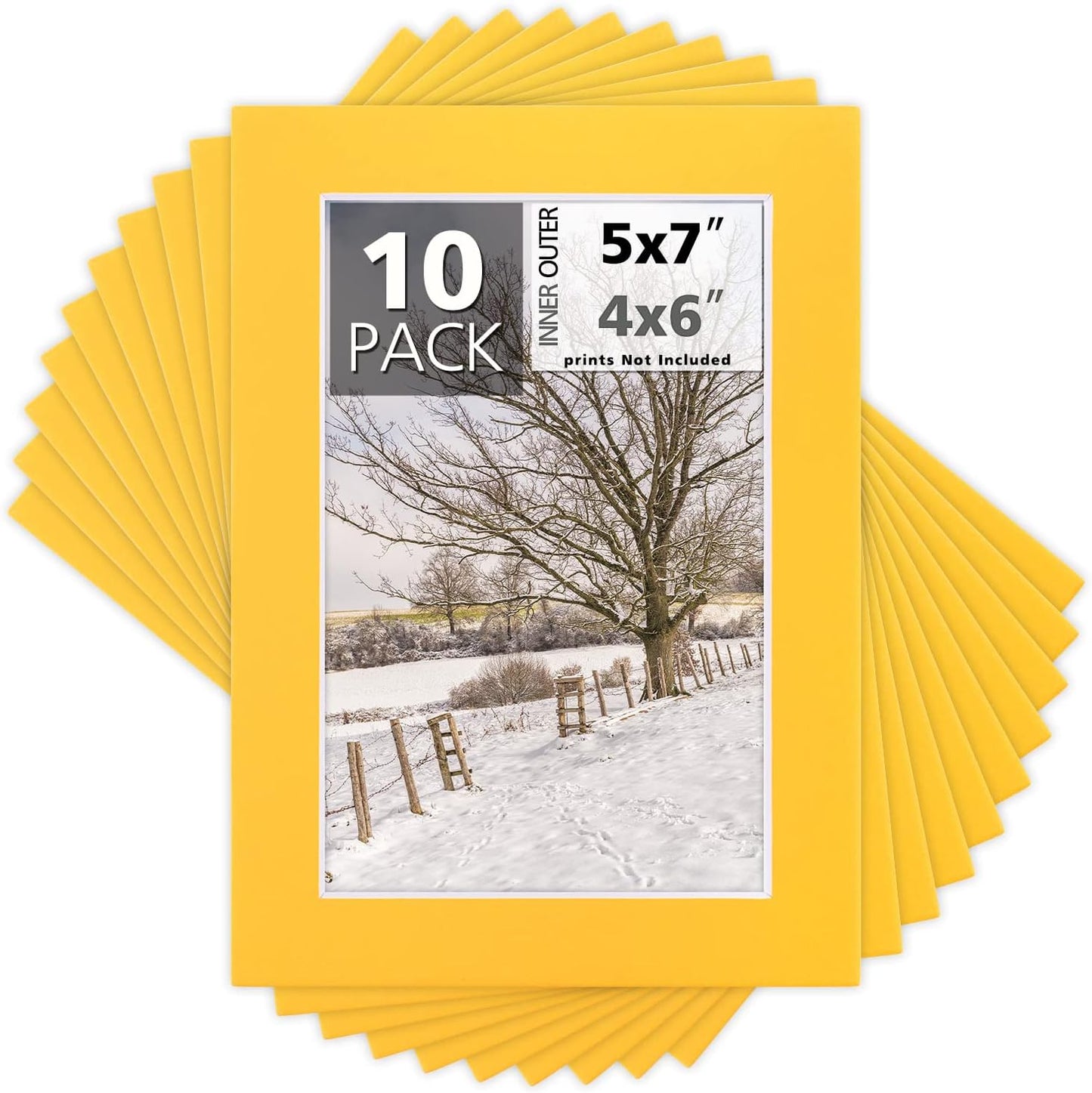 Mat Board Center, Pack of 10, 5x7 for 4x6 Deep Yellow Color Mats - Bevel Cut, Acid Free, 4-ply Thickness, White Core - for Pictures, Photos, Framing