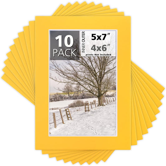 Mat Board Center, Pack of 10, 5x7 for 4x6 Deep Yellow Color Mats - Bevel Cut, Acid Free, 4-ply Thickness, White Core - for Pictures, Photos, Framing