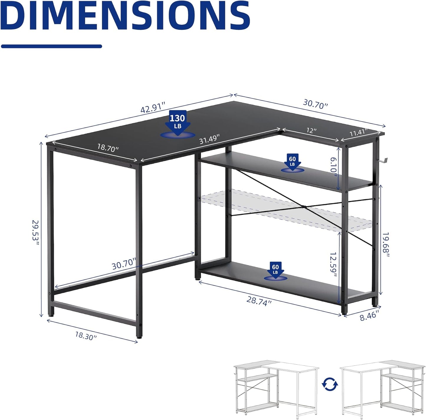Pamray 43 Inch L Shaped Computer Desk with Reversible Side Storage Shelves, Small Corner Desk for Small Space Home Office,Writing Study Table Gaming PC Desk for Bedroom,Black