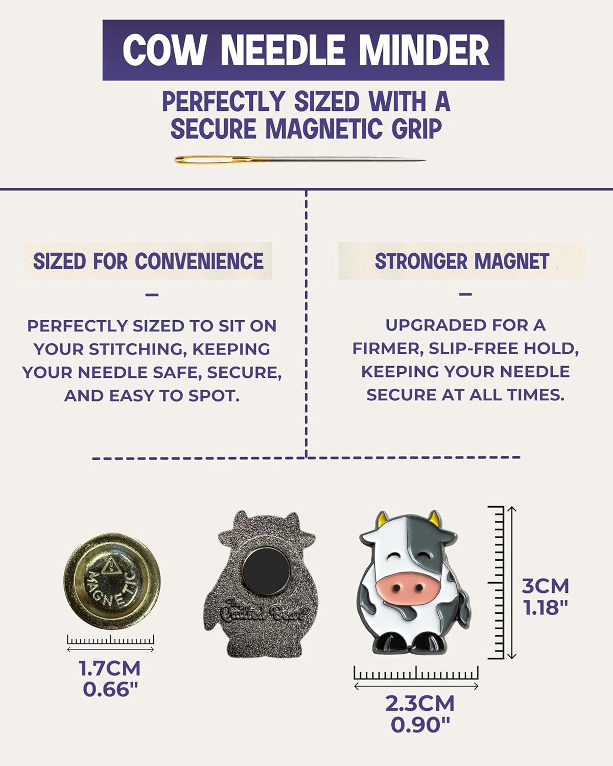 The Quilted Bear Needle Minder - Needle Minder Magnet for Keeping Sewing & Embroidery Needles, Cross Stitch Needles Safe - Stress Free Stitching Cross Stitch Supplies & Embroidery Supplies (Cow)