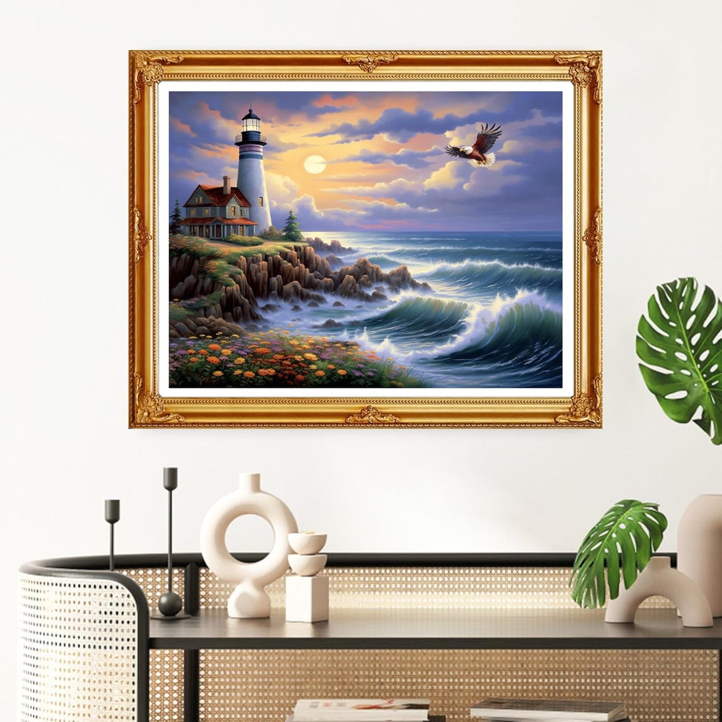 Redxing Stamped Cross Stitch Kits Full Range of Embroidery Starter Kits- Needlepoint Counted Cross Stitch Kits for Beginner Adults 11CT Printed Embroidery Kit-Seaside Lighthouse 16x20 inch