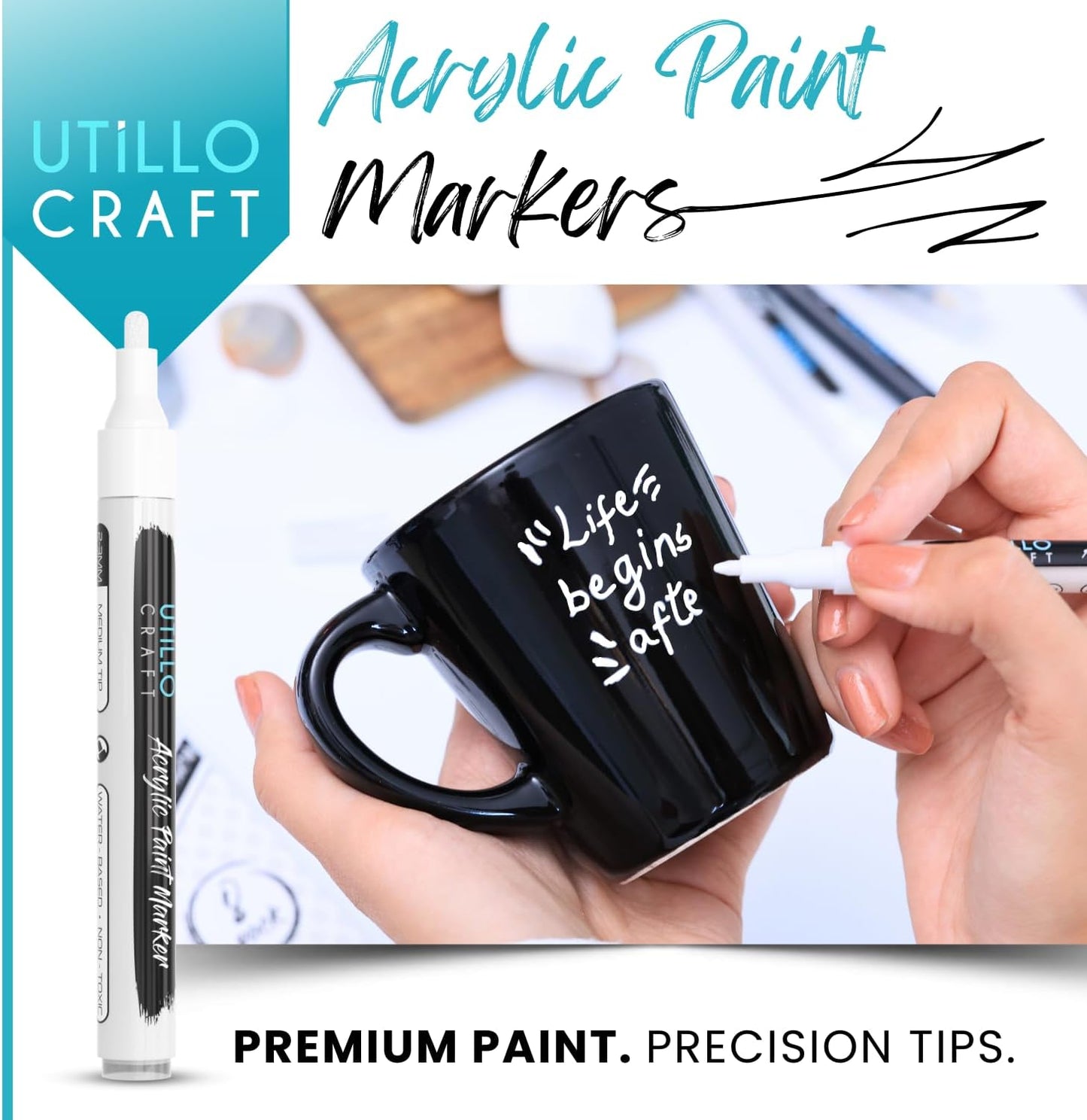 White Paint Pen (8-Pack) Medium Tip Made in Japan | Bold Color+100% Coverage | For Rock, Wood, Glass, Paper, Fabric, Canvas, Metal and More! | 2-3mm White Paint Pens | White Acrylic Paint Pens