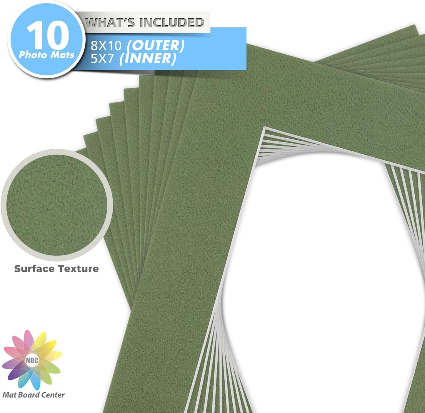 Mat Board Center, Pack of 10, 8x10 for 5x7 Rock Garden Color Mats - Bevel Cut, Acid Free, 4-ply Thickness, White Core - for Pictures, Photos, Framing