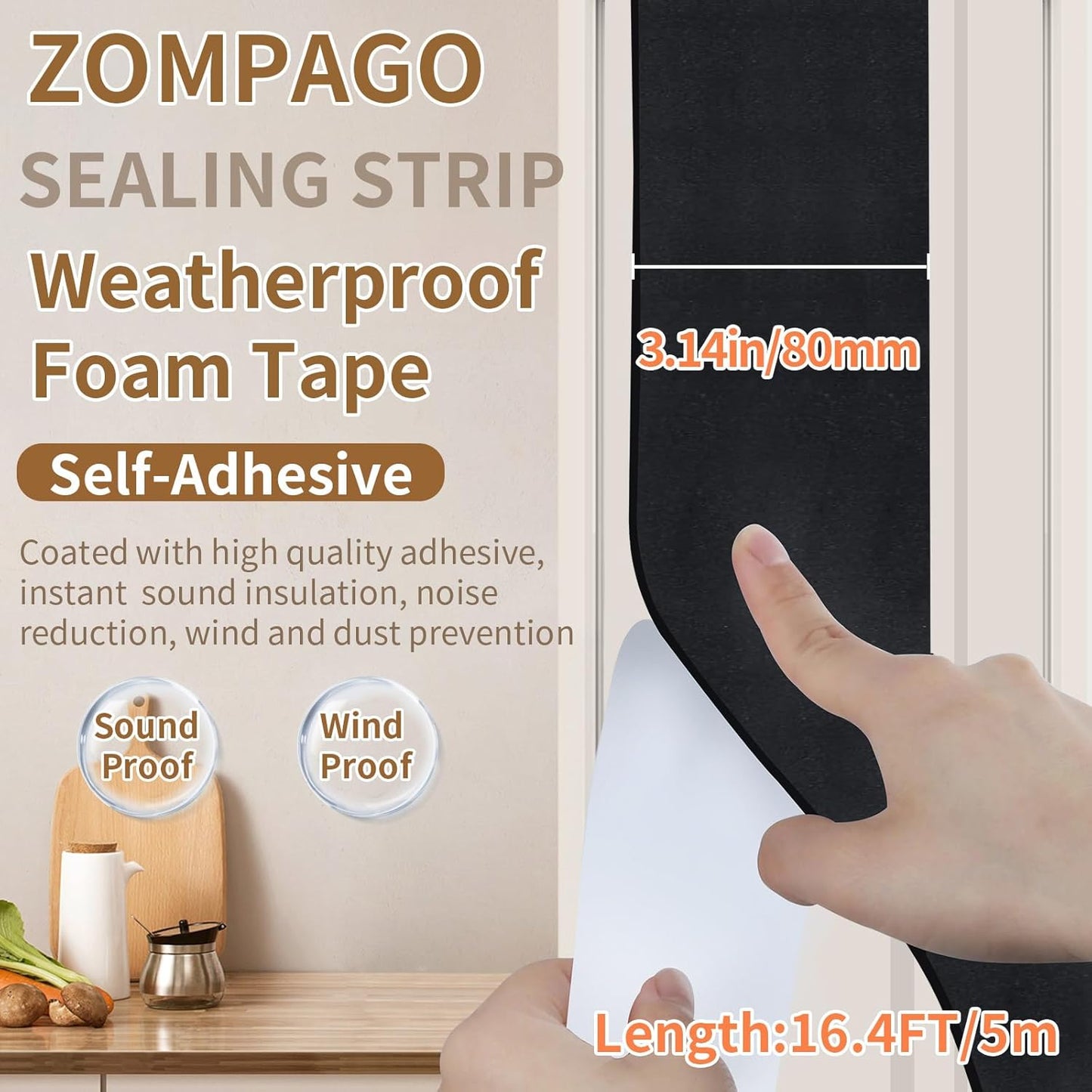 EVA Self - Adhesive Foam Tape | 16.4ft Length, 3.2in Widths,Black,| Winter - Ready Waterproof, Dustproof, Soundproof Weather Stripping for Windows, Doors & More to Block Chilly Drafts