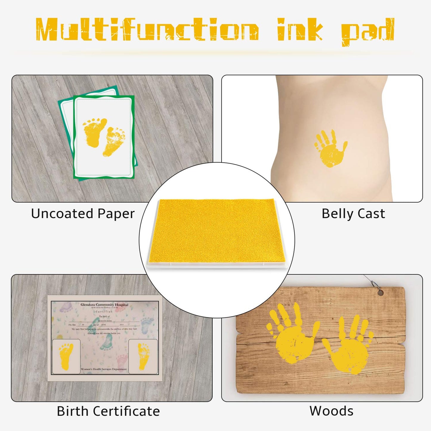 Ink Pad, 5x4'' Washable Non-Toxic Ink Stamp Pad for Baby Footprint Handprint, Yellow