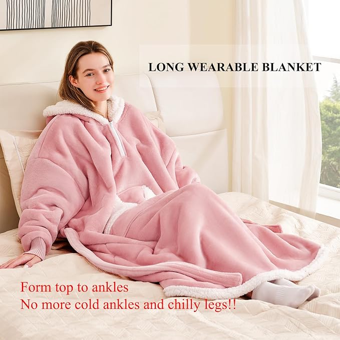 Wearable Blanket Hoodie as Gifts for Women, Long Sherpa Fleece Hooded Blankets with Oversize Hood and Pocket, Warm and Cozy Sweatshirt with Belt, Winter Gift