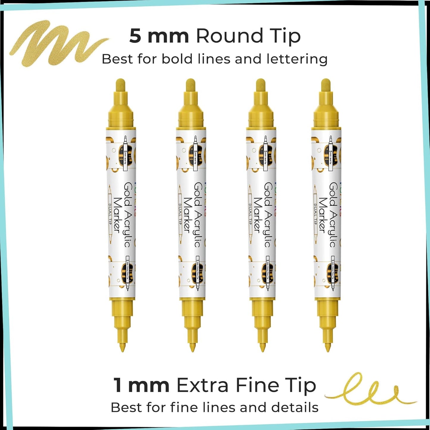 4 Dual Tip Gold Paint Pen Metallic - Fine Tip & Medium Acrylic Paint Markers - Gold Marker for Metal, Wood, Rock Painting, Canvas, Ceramic, Glass, Fabric, Leaf and Plastic - Water-based Ink