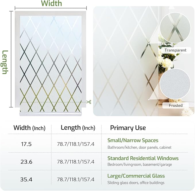 LUTE Frosted Window Privacy Film, Static Cling UV Sun Blocking Heat Control Window Cover, Removable Non-Adhesive Glass Sticker Vinyl Decorative Frosting Decals for Home Office, Lattice, 17.5" x 78.7"