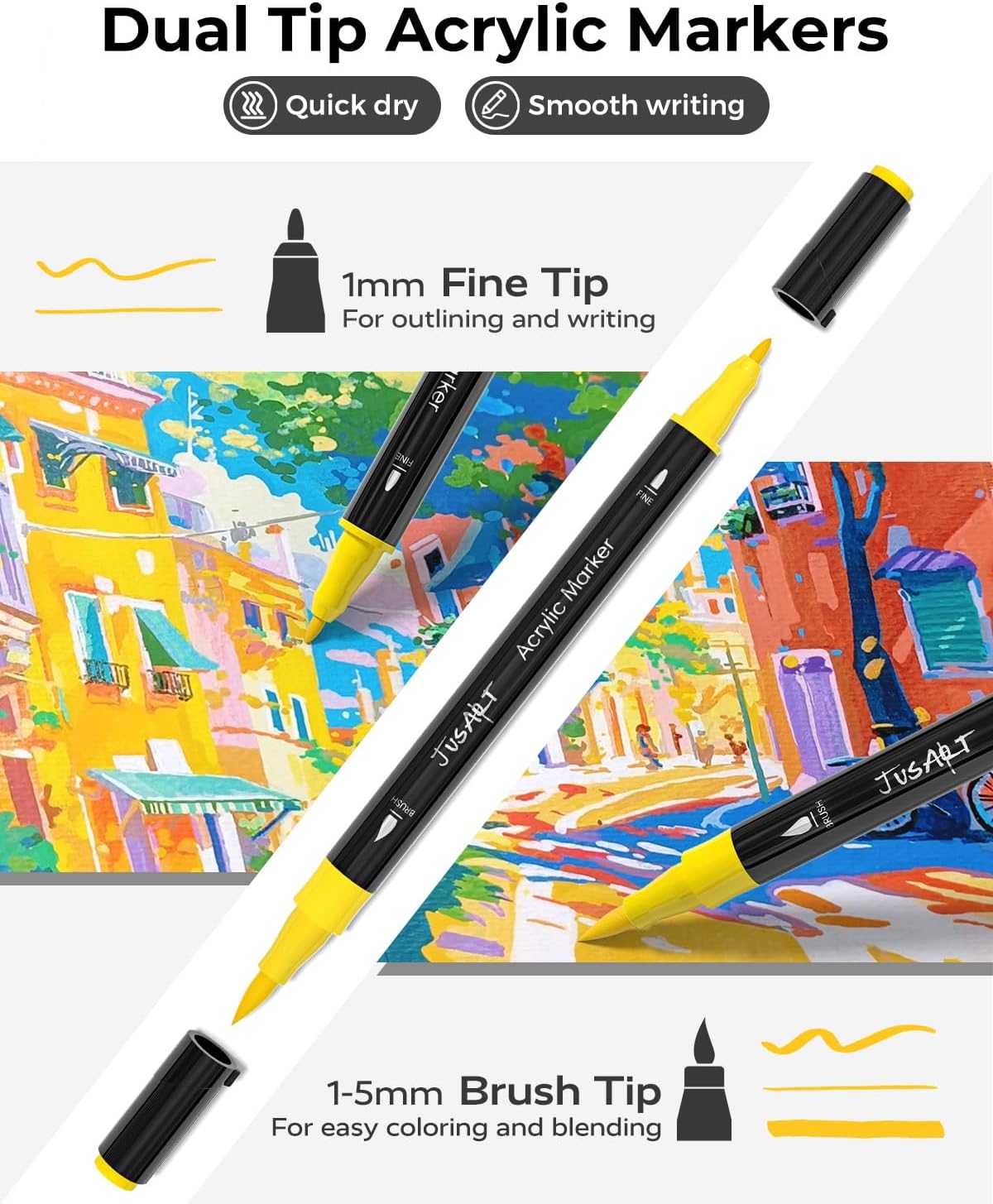 JusArt 60 Colors Dual Tip Acrylic Paint Pens Markers, Brush and Fine Tip, Premium Paint Pens for Wood, Canvas, Egg, Stone, Fabric, Rocks, Metal, Glass, Ceramic, DIY Crafts Making Art Supplies Gifts