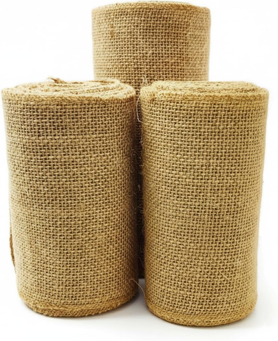 3-Pack Burlap Fabric Ribbon Natural Roll DIY (6Inch X 15yards) Tree Protector Wrap Plant Bandage Packing Winter Proof, Craft & Hobby Fabric, Warm Keeping and Moisture
