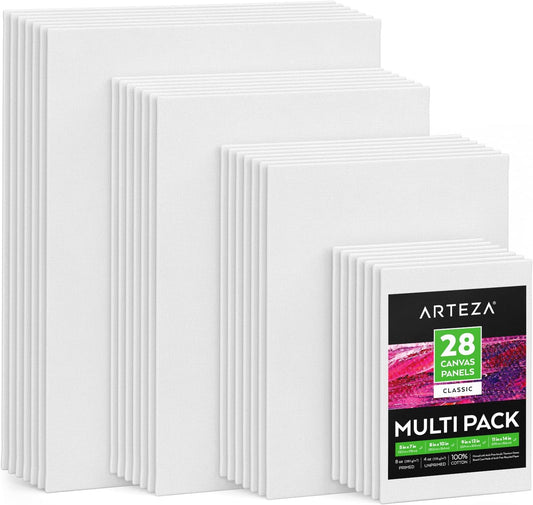 ARTEZA Canvas Panels for Painting, 28 Pieces, 5 x 7, 8 x 10, 9 x 12, 11 x 14 Inches, Cotton, Gesso-Primed, Art Supplies for Acrylic and Oil Painting