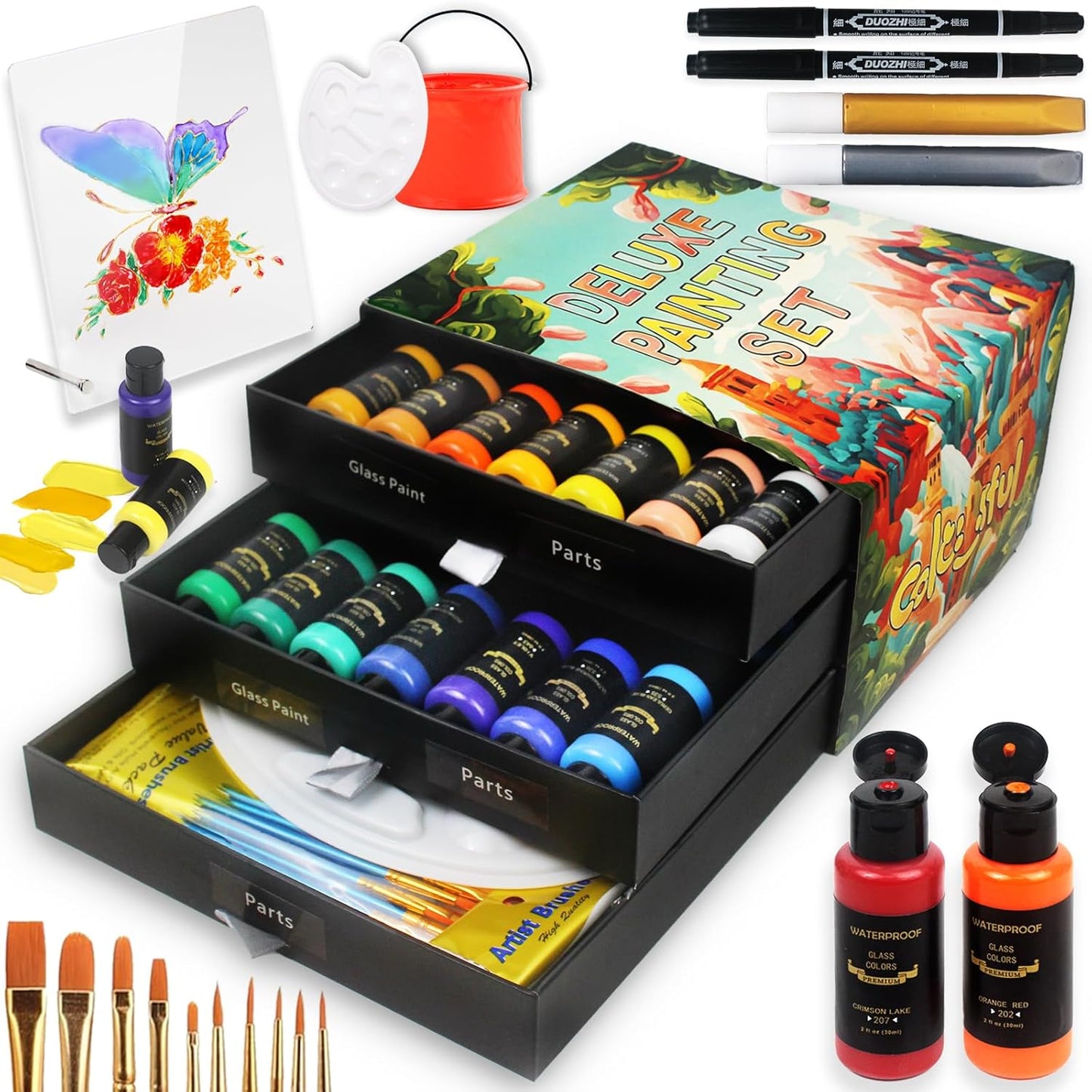 Colorful Kids Acrylic Glass Paint Exquisite Art Kit, Stained Glass Kit, Gift Box Set for DIY Arts and Crafts, Perfect for kids and Beginners, Inspire Imagination and Family Bonding