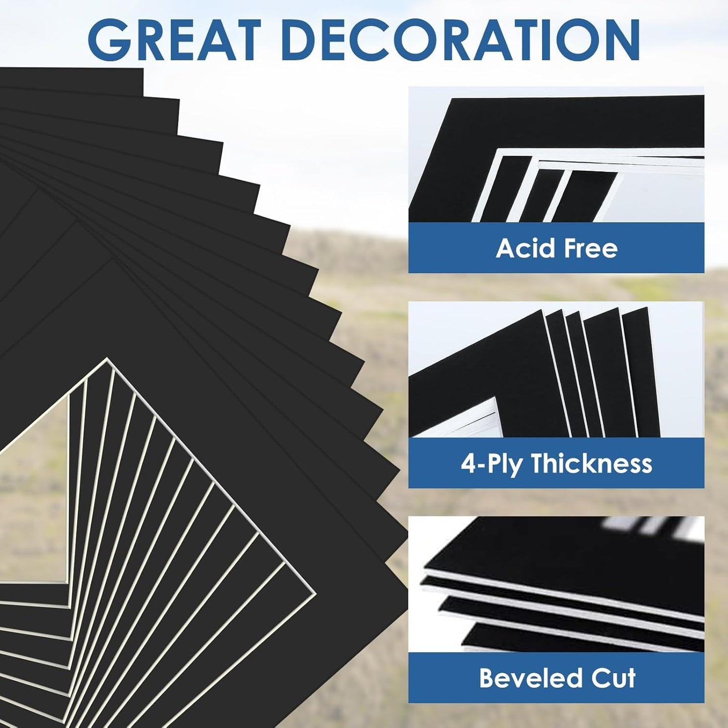 18 Pack Picture Mats, 8x10 for 6x8 Picture Frame Mats, Acid Free Core Bevel Cut Picture Frame Mattes for Photos Artworks Prints (Black)