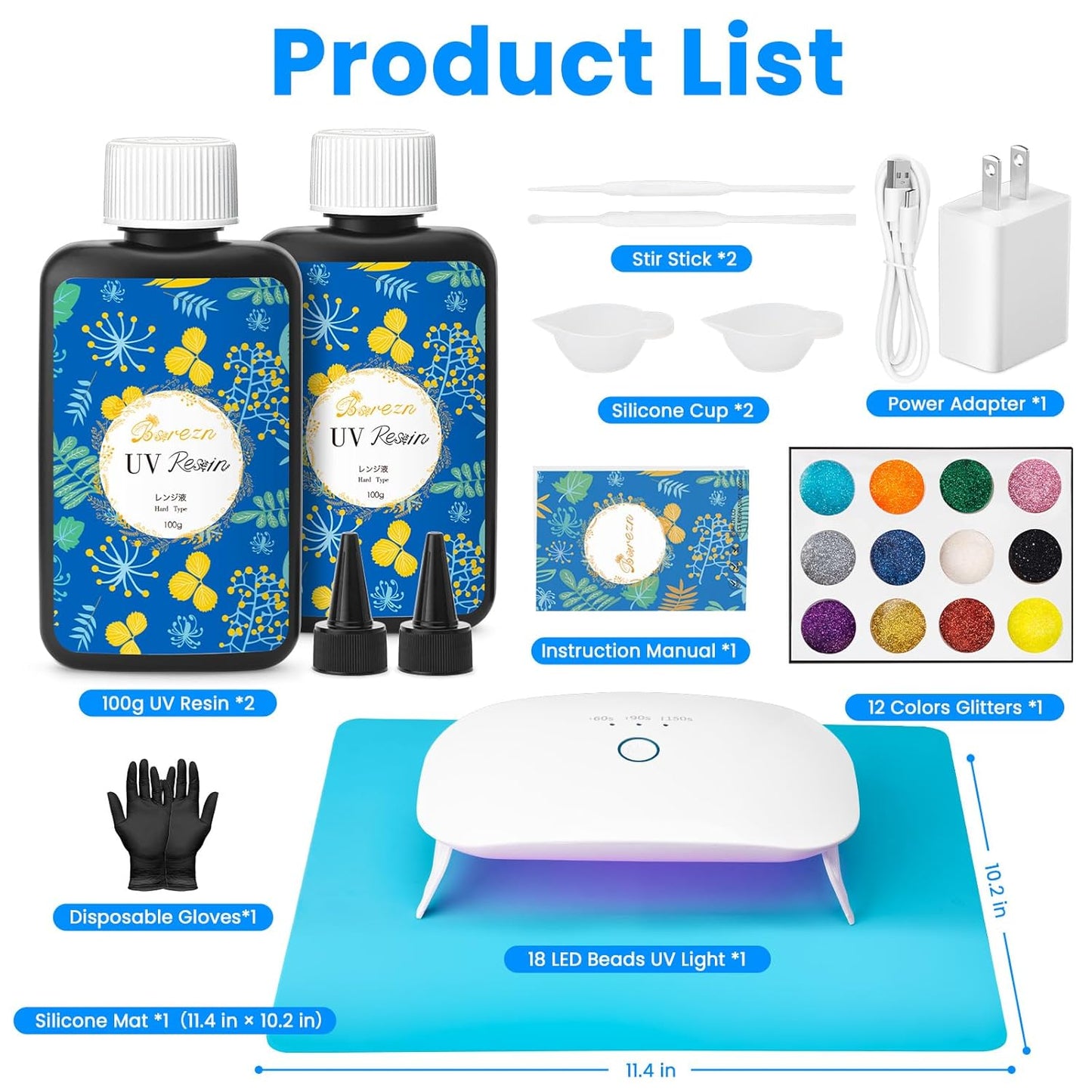 Bsrezn 200g UV Resin Kit with Upgraded Light 18 Beads, Crystal Clear Solar Activated UV Epoxy Resin for Jewelry Making (100g x 2)