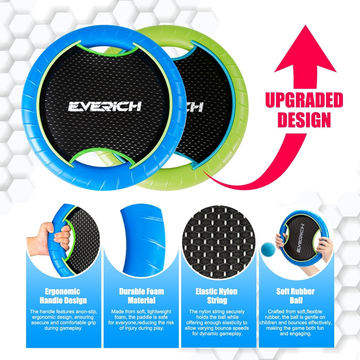 EVERICH TOY Trampoline Paddle Ball Set with 2 Bouncy Paddles & 4 Balls - Soft Foam Design for Kids Play Indoor Outdoor Beach Backyard Lawn - Great Gift Idea for Boys & Girls