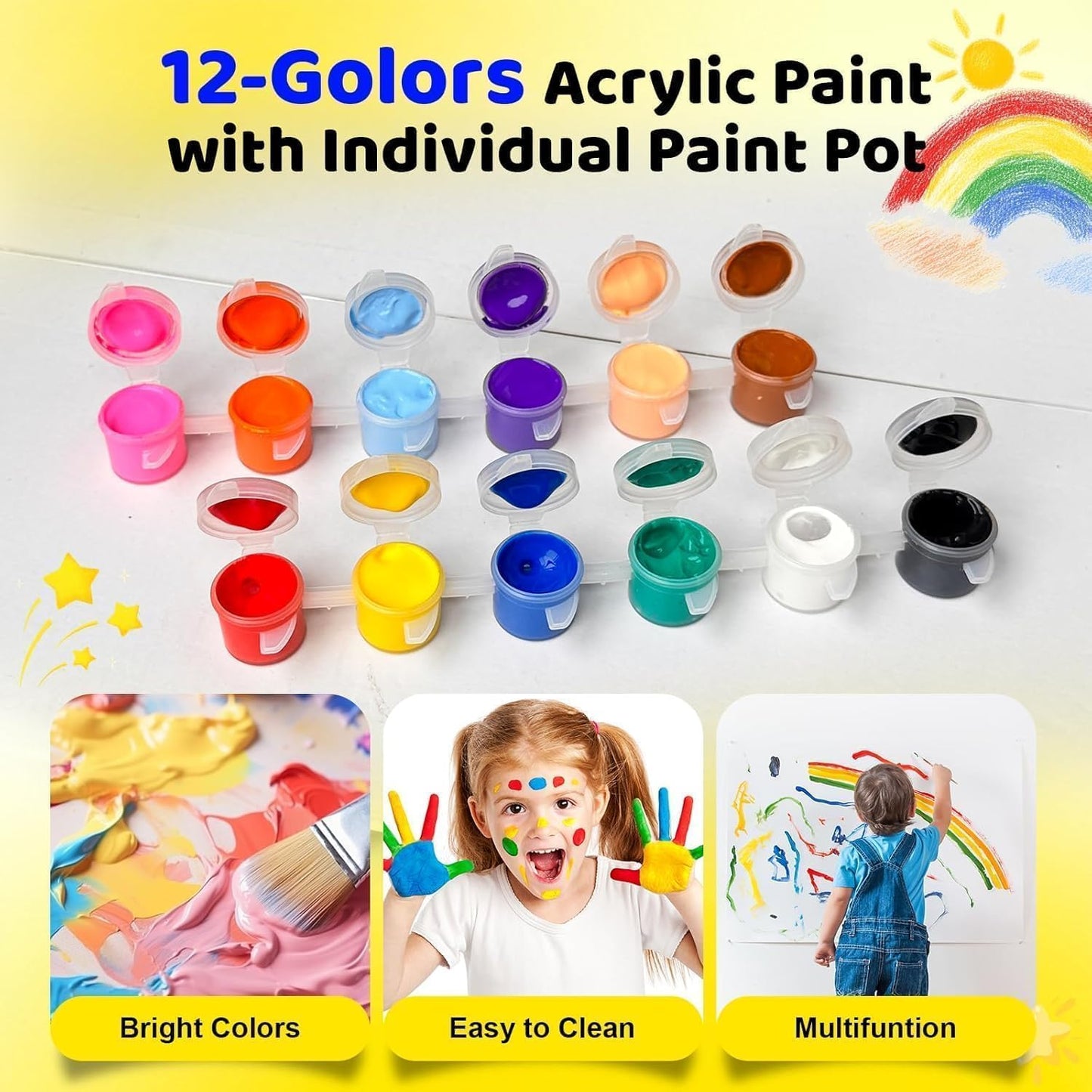20 Pack Mini Acrylic Paint Set,12 Color Acrylic Paint Strips with 40Pcs Painting Brushes for Kids&Adults, 280 PCS Kids Paint Set Container Strips Storage for Home Classroom Party Favors Easter Gifts