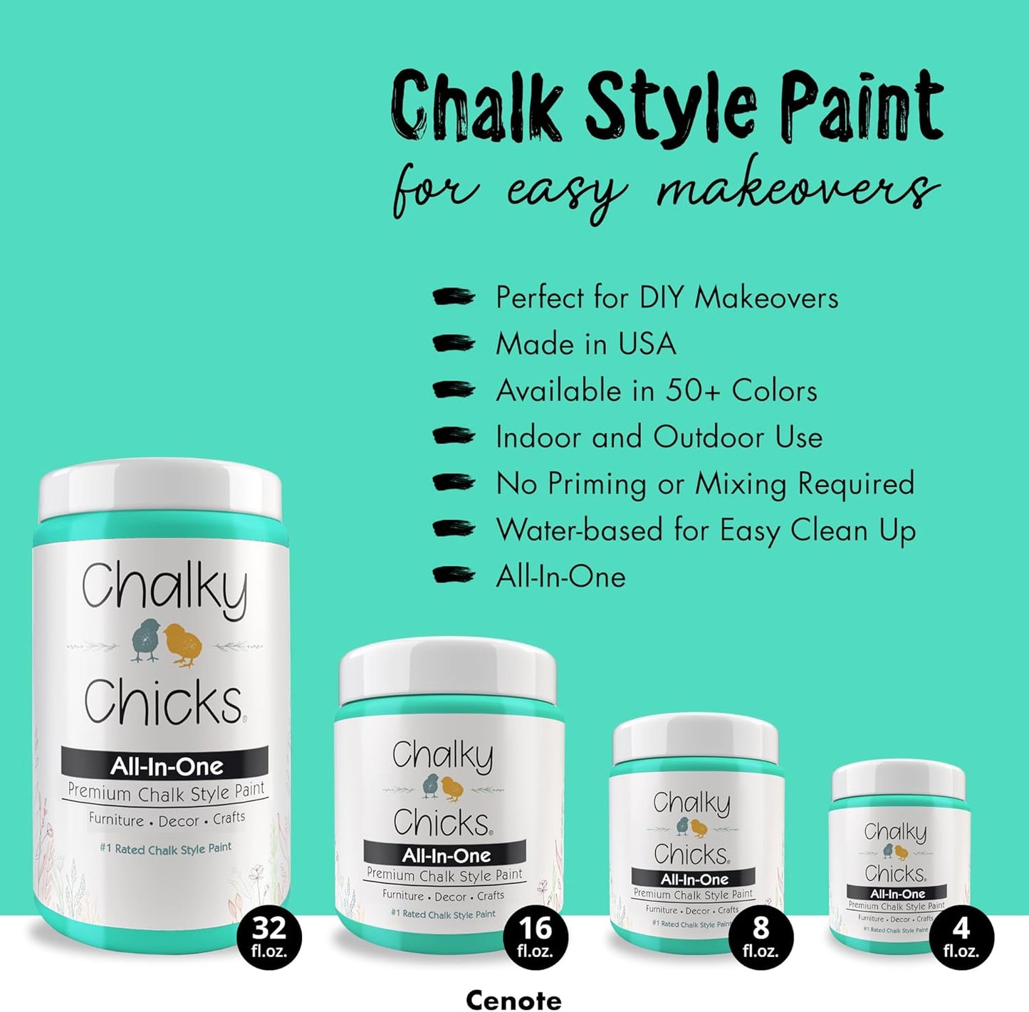 Chalky Chicks All-in-One Chalk Paint for Furniture or Cabinet - 4 Fl Oz - Matte Finish Cenote (Teal Blue) for Metal, Wood Furniture Paint - No Sanding All-in-One for Home Decor & Crafts, USA Made
