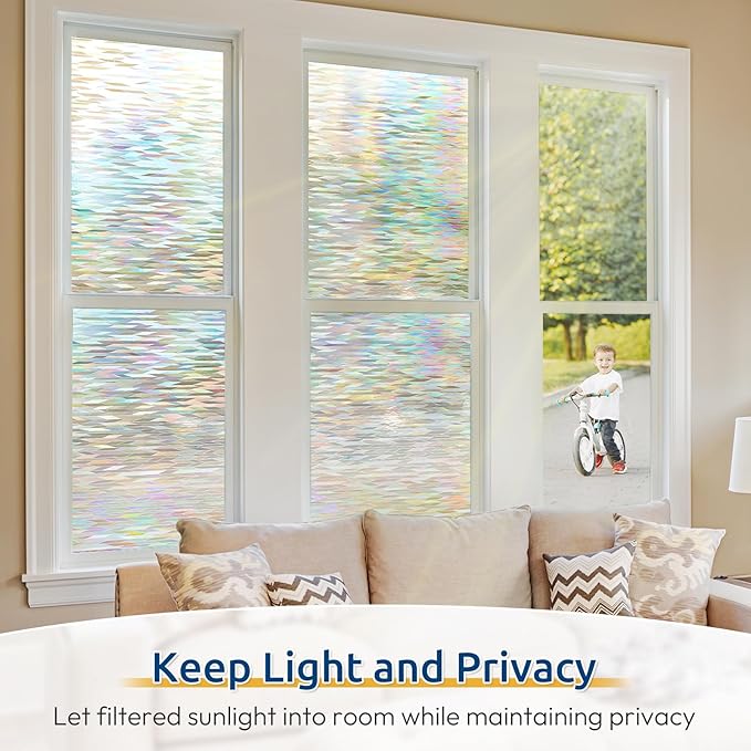 rabbitgoo Window Privacy Film with Installation Tools, Stained Glass Window Film Rainbow Prism Decorative Glass Clings for Home Decor, Static Cling Covering Sun Blocking, 17.5" x 157.4"