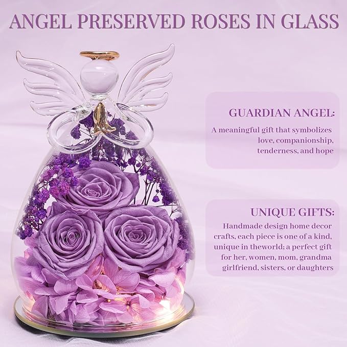 Beferr Valentines Day Rose Gifts for Her Women Mom Gifts for Birthday, Fresh Flowers for Delivery Forever Preserved Rose in Glass Angel Figurine, for Grandma Wife Daughter Girlfriend
