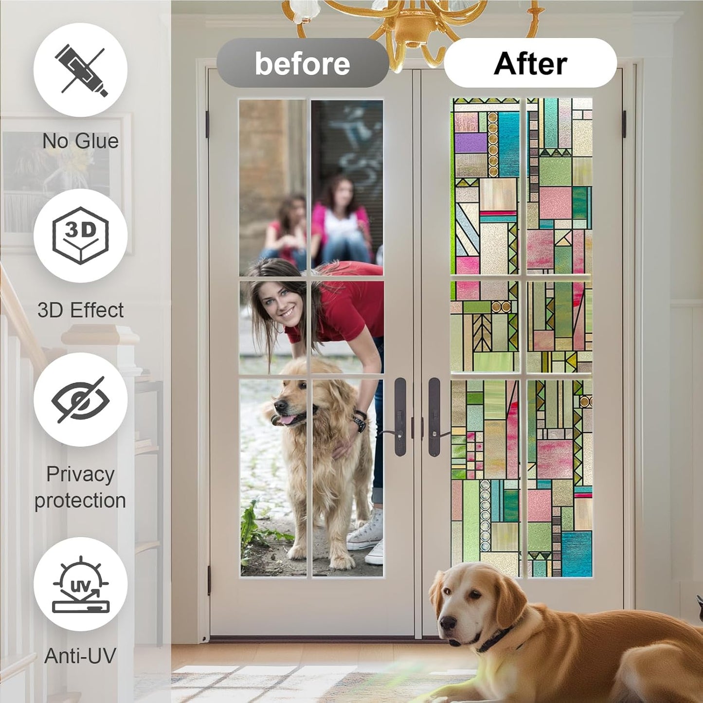 3D Stained Glass Window Privacy Film, Heat Control UV Blocking Static Cling Decorative Window Film for Bathroom,Front Door,Home Non Adhesive,Colorblock 23.6 x 35.4 inches