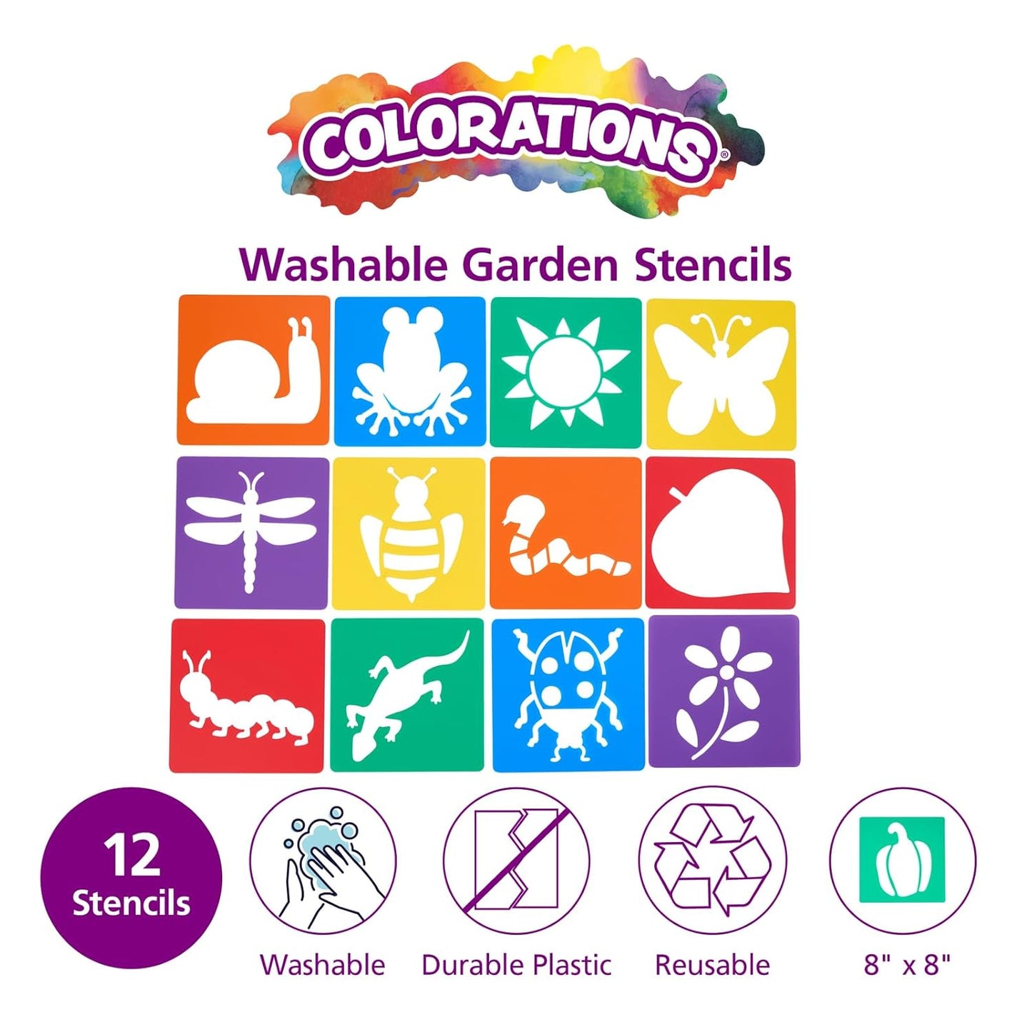 Colorations Garden Stencils, 12 Garden Designs, Made from Washable Plastic, 8 inches Each, Jumbo Size, Sturdy Stencils, Great for Creating Art, Kids Stencils, Stencils for Children
