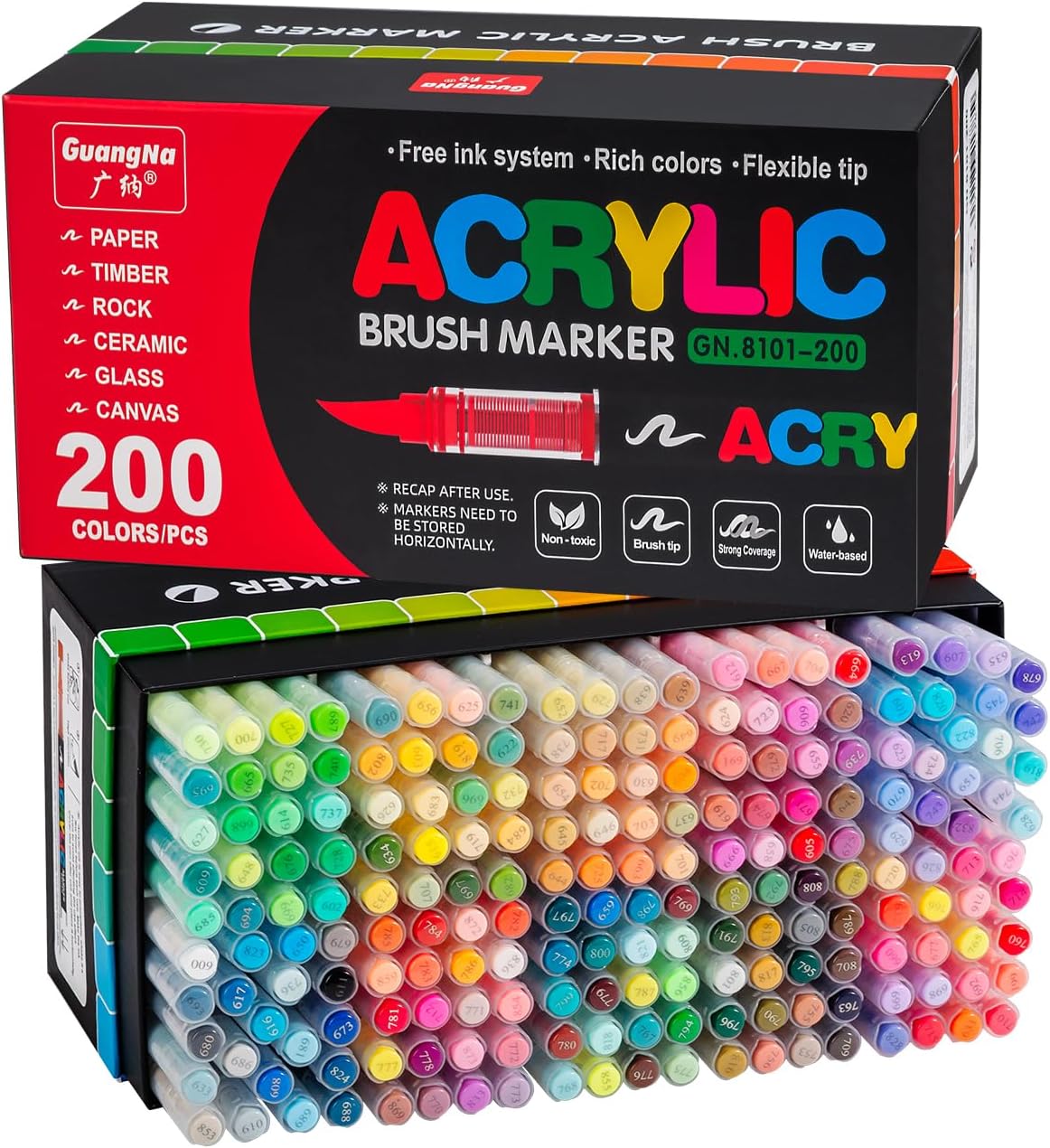 Acrylic Paint Markers Pens, 200 Vivid Colors Acrylic Markers Set,Direct Liquid Type, Stackable Color, Odorless Soft Head，Markers for School，Tooli Art ，Fabric & Creative Crafts (200)
