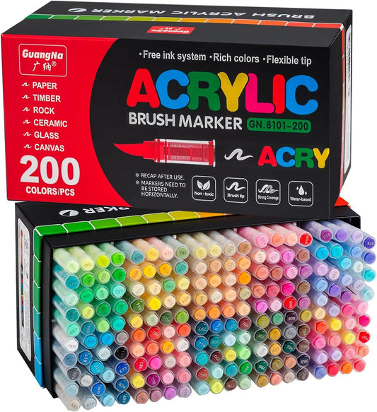 Acrylic Paint Markers Pens, 200 Vivid Colors Acrylic Markers Set,Direct Liquid Type, Stackable Color, Odorless Soft Head，Markers for School，Tooli Art ，Fabric & Creative Crafts (200)