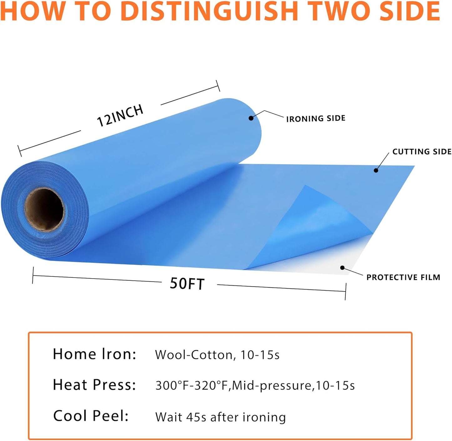 RENLITONG Sky Blue Iron on Vinyl 12Inch by 50ft Roll HTV Heat Transfer Vinyl for T-Shirt HTV Rolls for All Cutter Machine - Easy to Cut & Weed for Heat Transfer Design