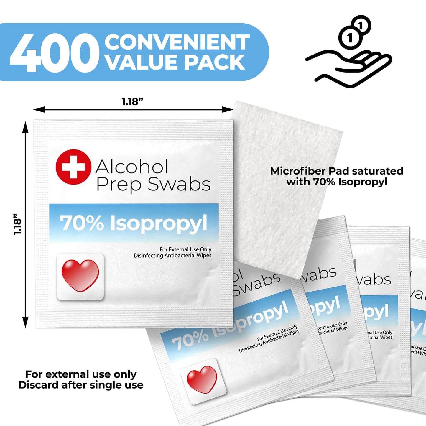 Alcohol Wipes Individually Wrapped - 400 Count Prep Pads with 70% Isopropyl Alcohol - Swabs for Injections, Home, Medical & First Aid Kits