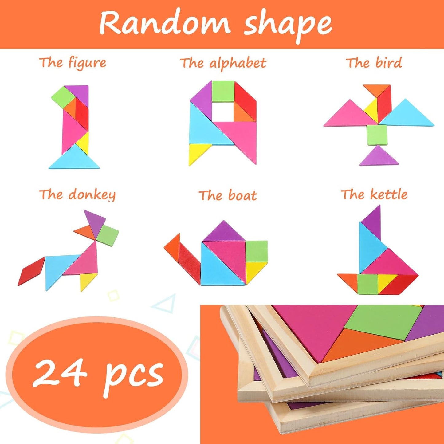 Syhood 24 Pieces Tangrams Puzzles for Students Party Favors Wooden Tangram Pattern Blocks Brain Logic Blocks for Manipulatives Games Educational Gifts and Party Favors(Classic)