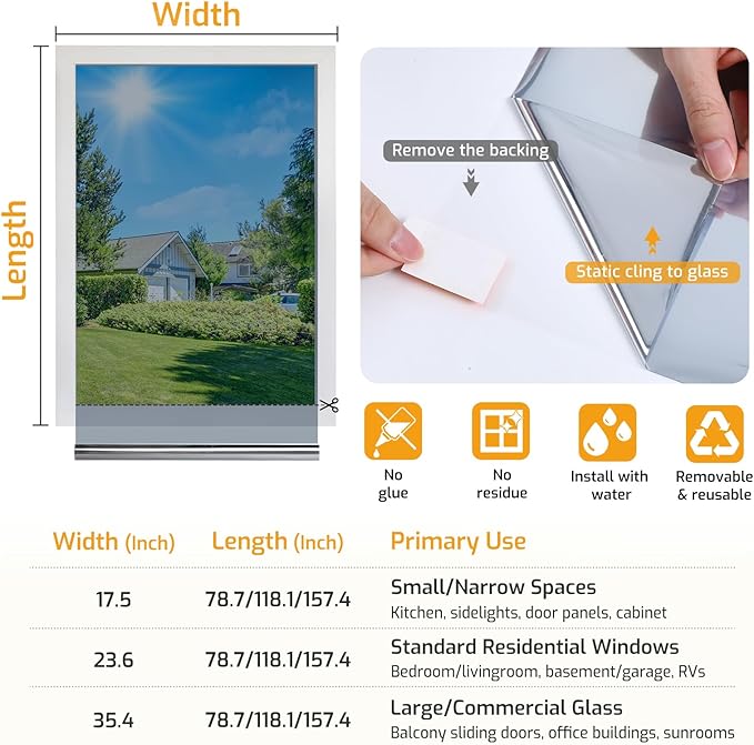 LUTE One Way Window Privacy Film, Window Tint for Home, Sun Blocking UV Heat Blocker, See Out Not in Reflective Mirror Film, Removable Static Cling Glass Door Coverings, Silver, 17.5" x 118.1"