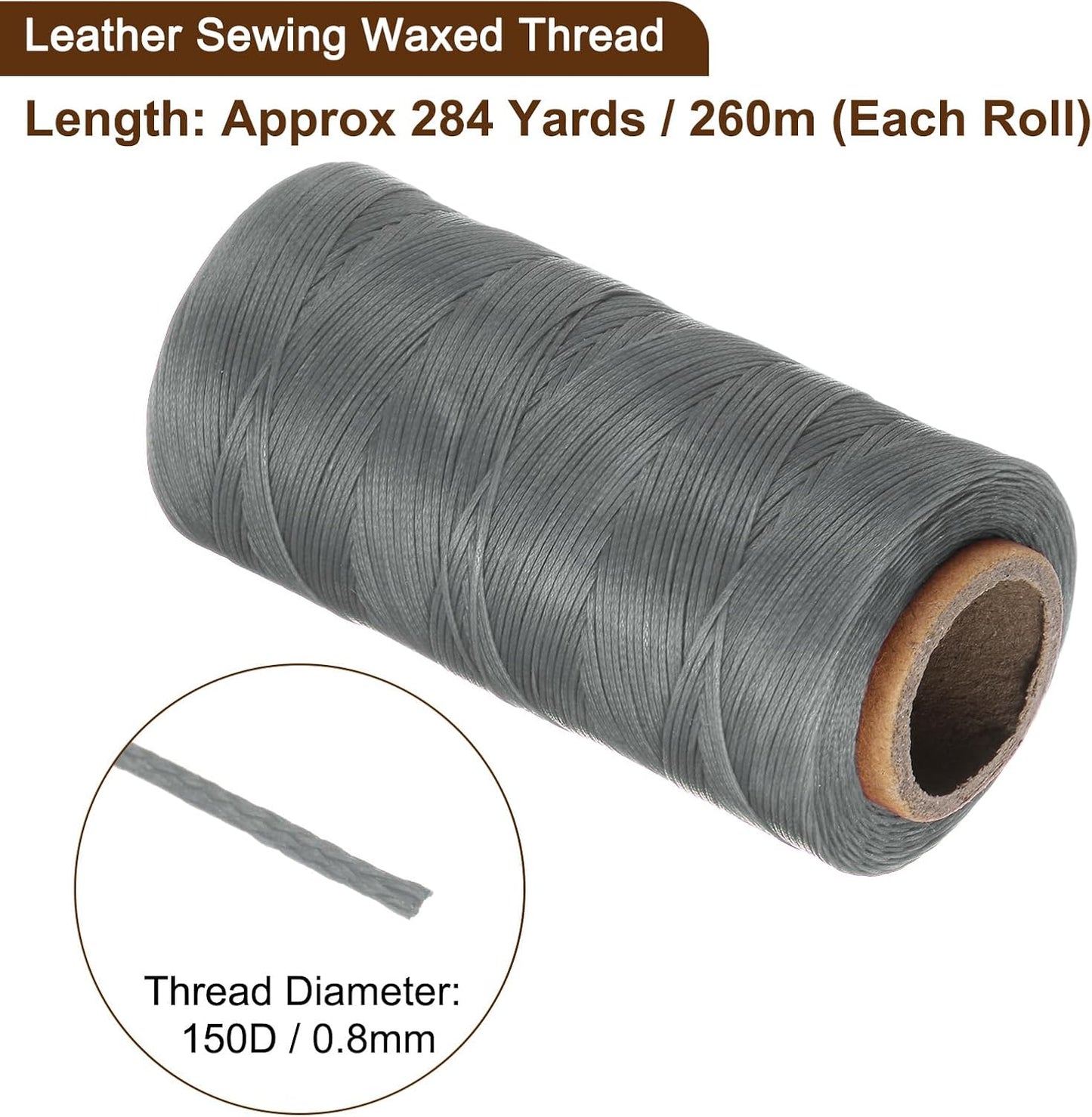 uxcell 150D 0.8mm Flat Waxed Thread 284 Yards Polyester Leather Sewing Waxed String Hand Stitching Cord for Leather Stitching Sewing Bookbinding DIY Craft Silver Gray