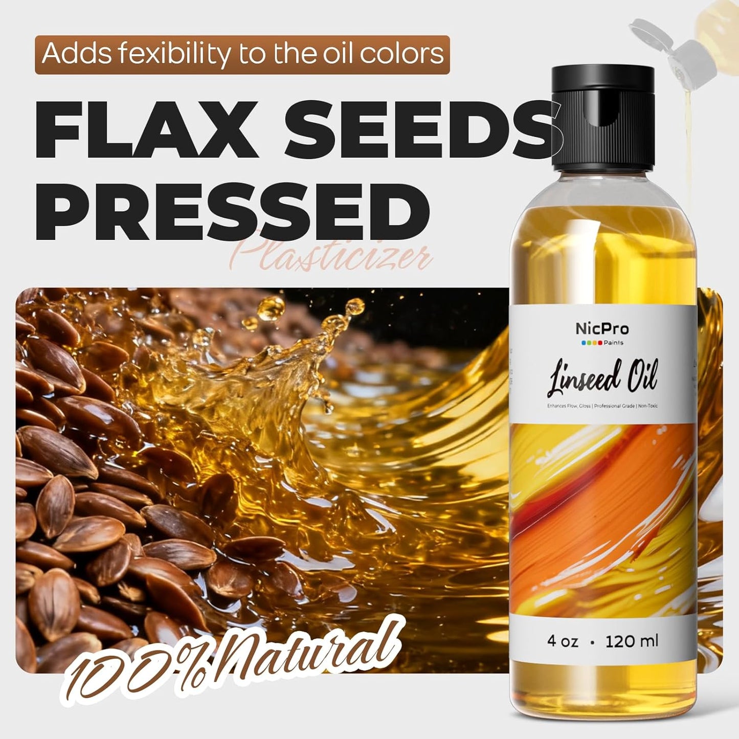 Nicpro Linseed Oil for Painting, 4oz Refined Linseed Oil Medium for Thinning Oils, Artists, Painting Thinner, Professionals to Enhance Flow, Translucency & Gloss