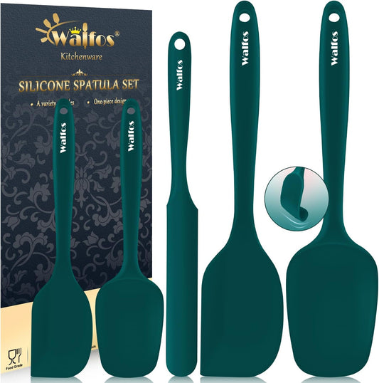 Walfos Silicone Spatula Set of 5 - (600°F) High Heat Resistant Dark Green Kitchen Scraper Spatulas, One-Pieces Seamless Design, Perfect for Cooking Mixing & Baking - BPA Free and Dishwasher Safe