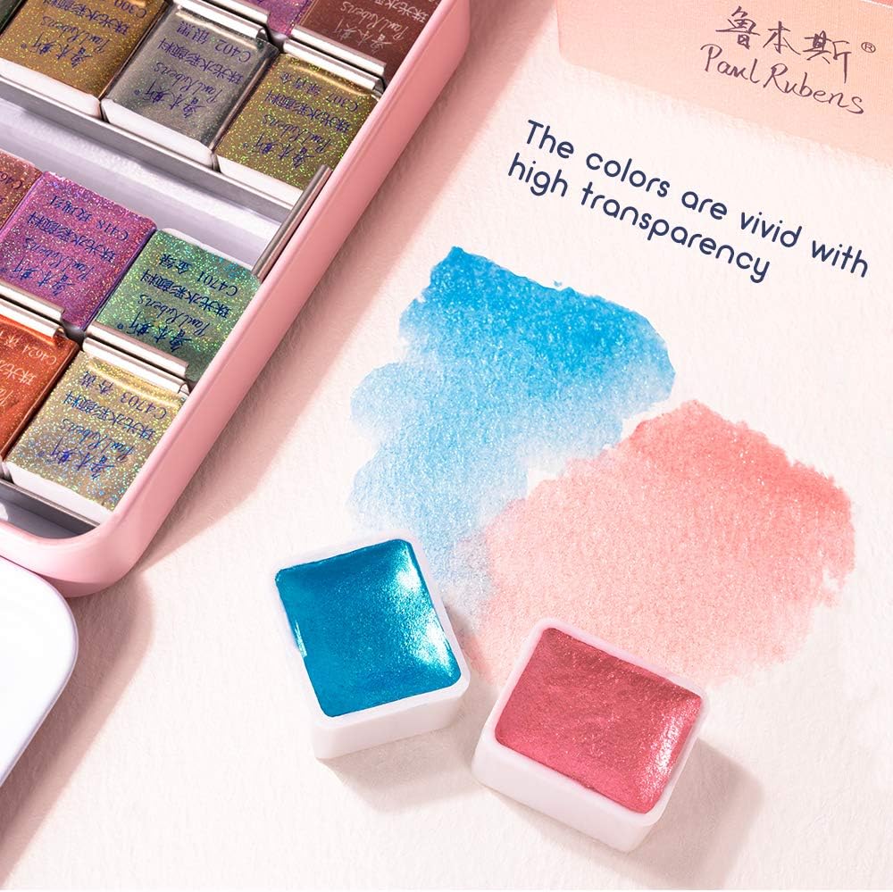 Paul Rubens Artist Grade Watercolor Set, 48 Colors Glitter Metallic Paints, Portable Metal Case, Suitable for Beginners, Hobbyists, Students, Artists