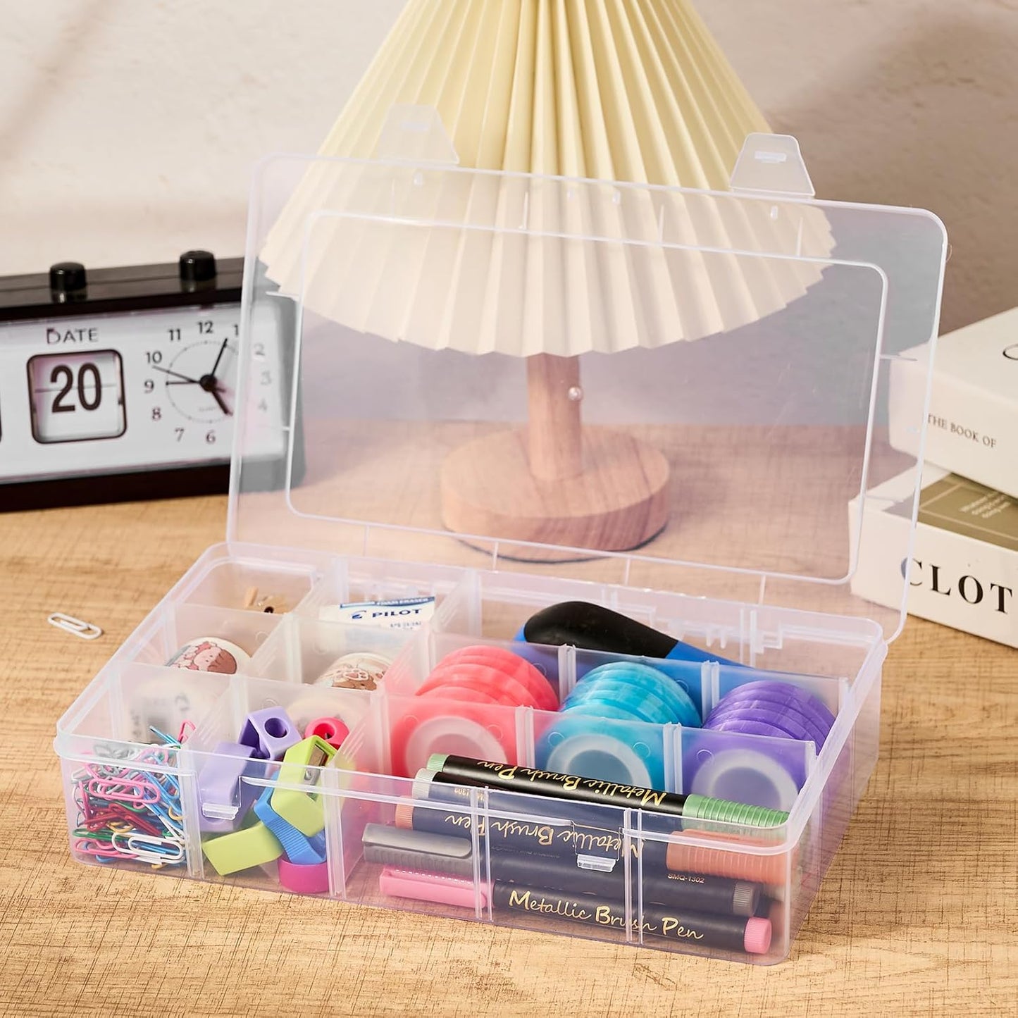 15 Grids Large Plastic Organizer Box with Adjustable Dividers, Clear Craft Organizer and Storage Tackle Box Compartment Container with Label Stickers for Beads, Jewelries, Tools