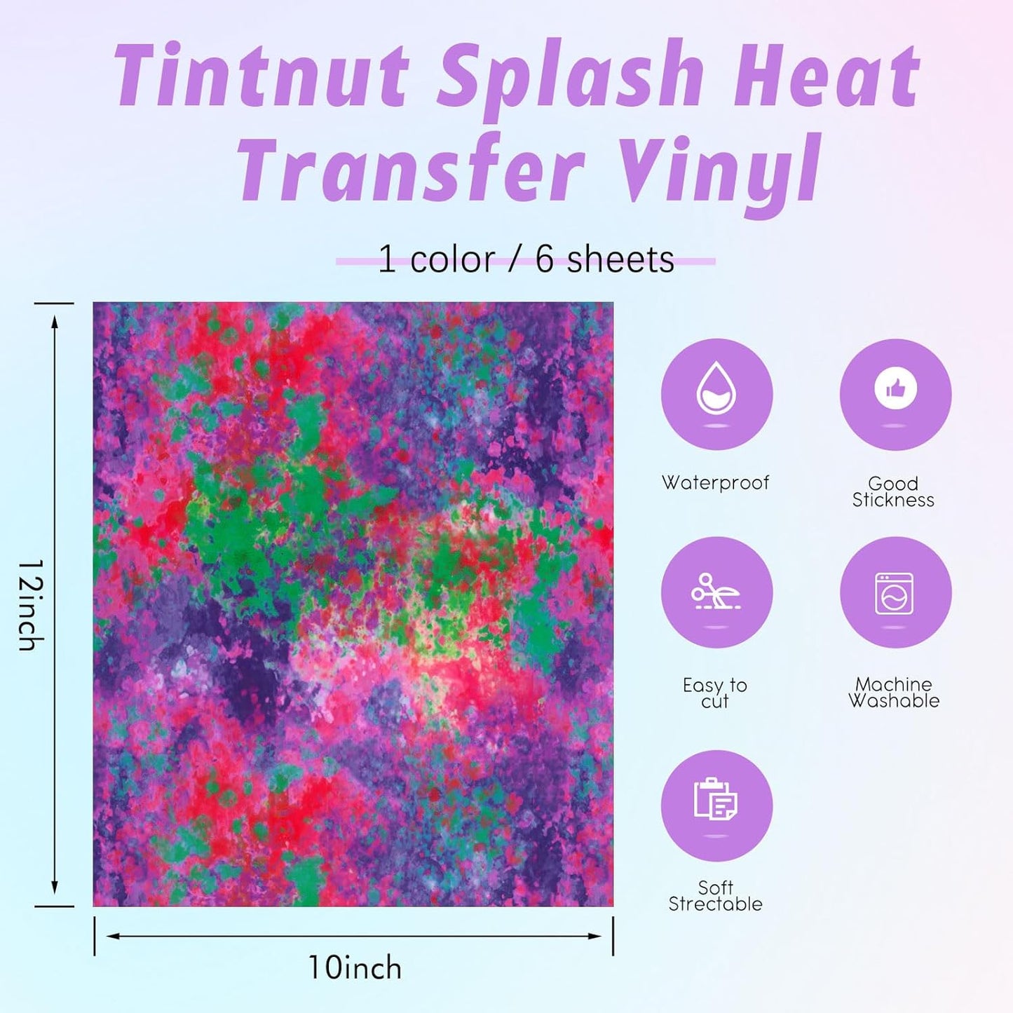Tintnut Purple Splash Heat Transfer Vinyl - 6 Sheets 10"x12" Patterned HTV for T-Shirts, Hats, Clothes - Compatible with Cricut & Silhouette Cameo