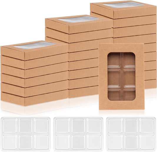 100 PCS Gift Boxes for Wax Melts 6 Cavity Plastic Mold with Box Kraft Wax Melt Boxes Crystal Clear Wax Melt Molds Wax Melts Containers for Wax Cubes Wax Tarts Wax Block(4 * 2.8 Inch)