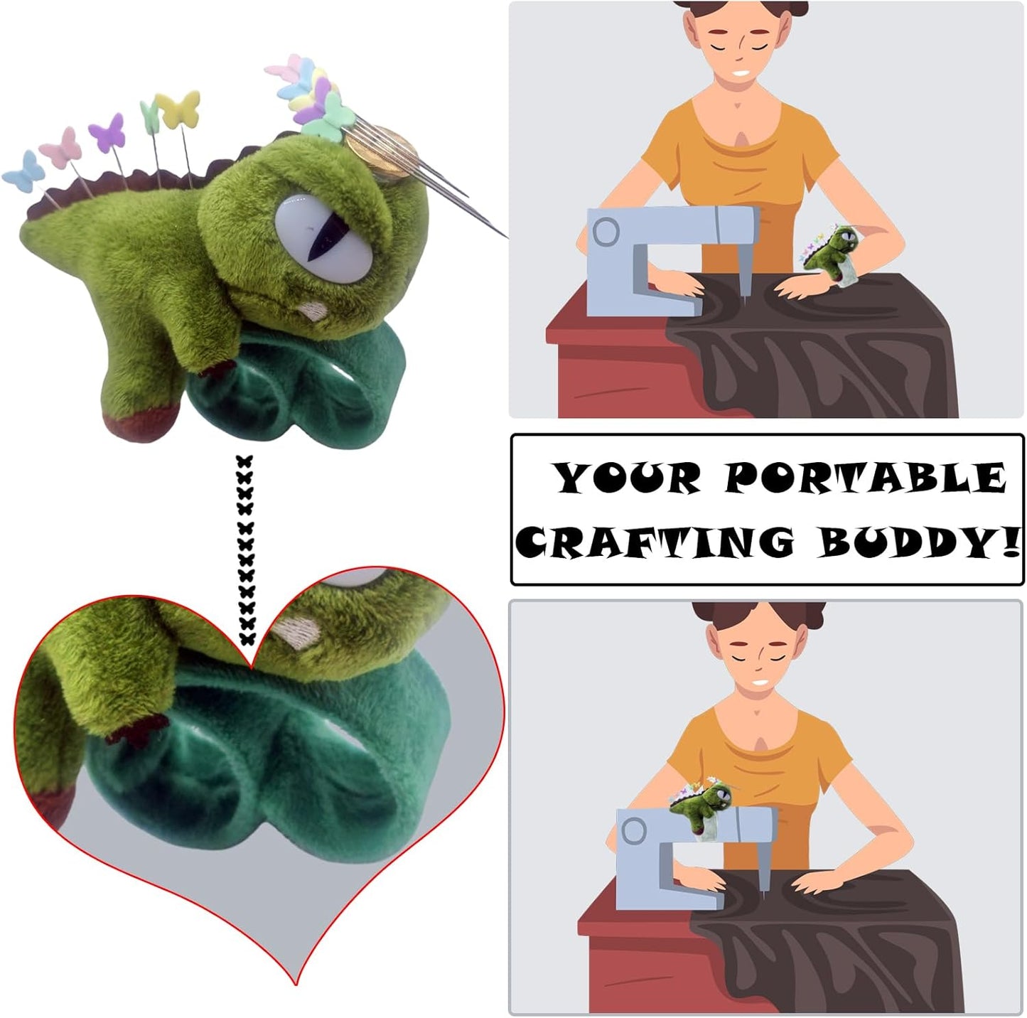 Cute Dinosaurs Wrist Pin Cushion for Sewing with Magnetic, Snap Bracelet Wrist Bands for Pins and Needles Include 50 Lovely Butterfly Straight Pins.