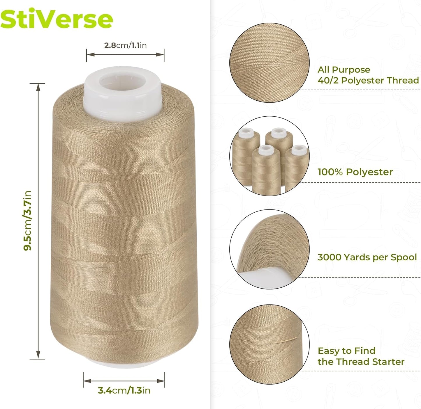 Serger Thread 4 Cones 3000 Yards Each Spool All Purpose Polyester Thread 40S/2 for Sewing, Serger, Overlock, Quilting, Piecing-Dark Khaki