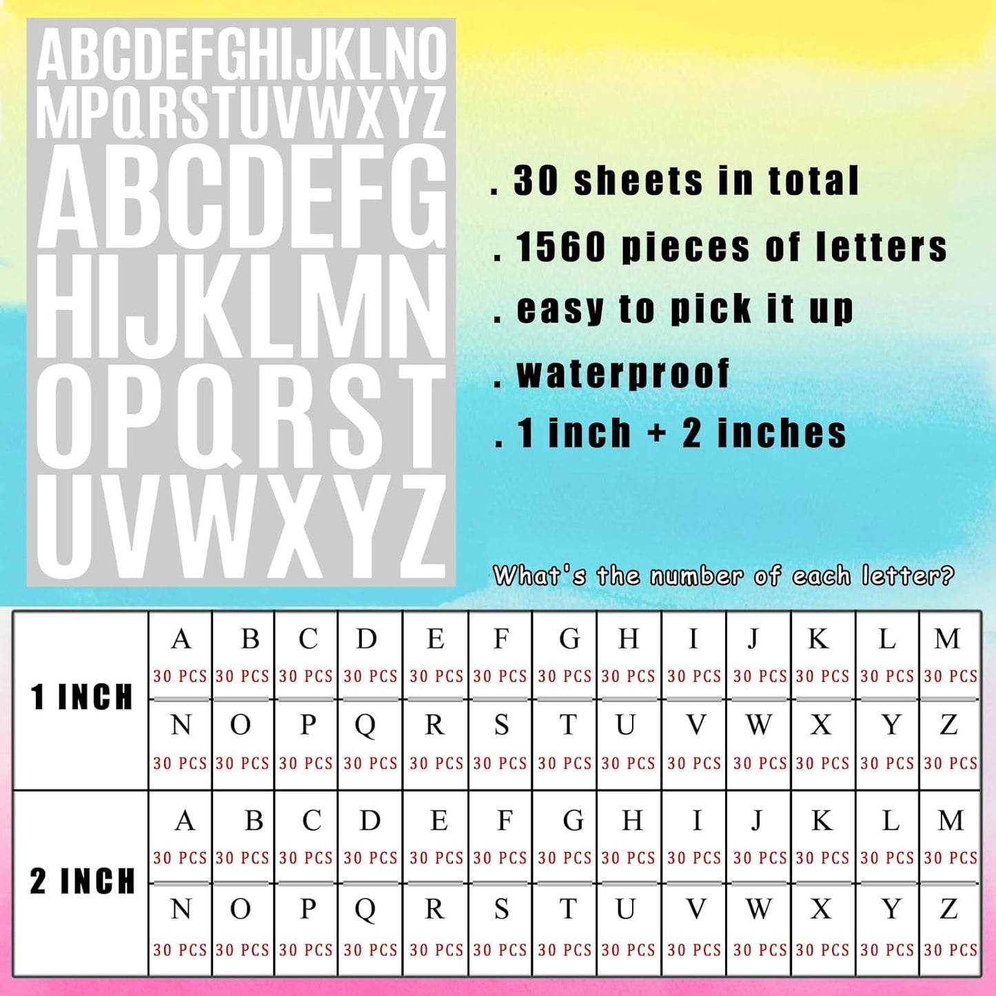 Bemeol Letter Stickers 1560 Pieces 30 Sheets Stick on Vinyl Letters Capital Alphabet Sticker Letter for Craft Bulletin Boards Classroom Home Business Decor(White,1 Inch,2 Inch)