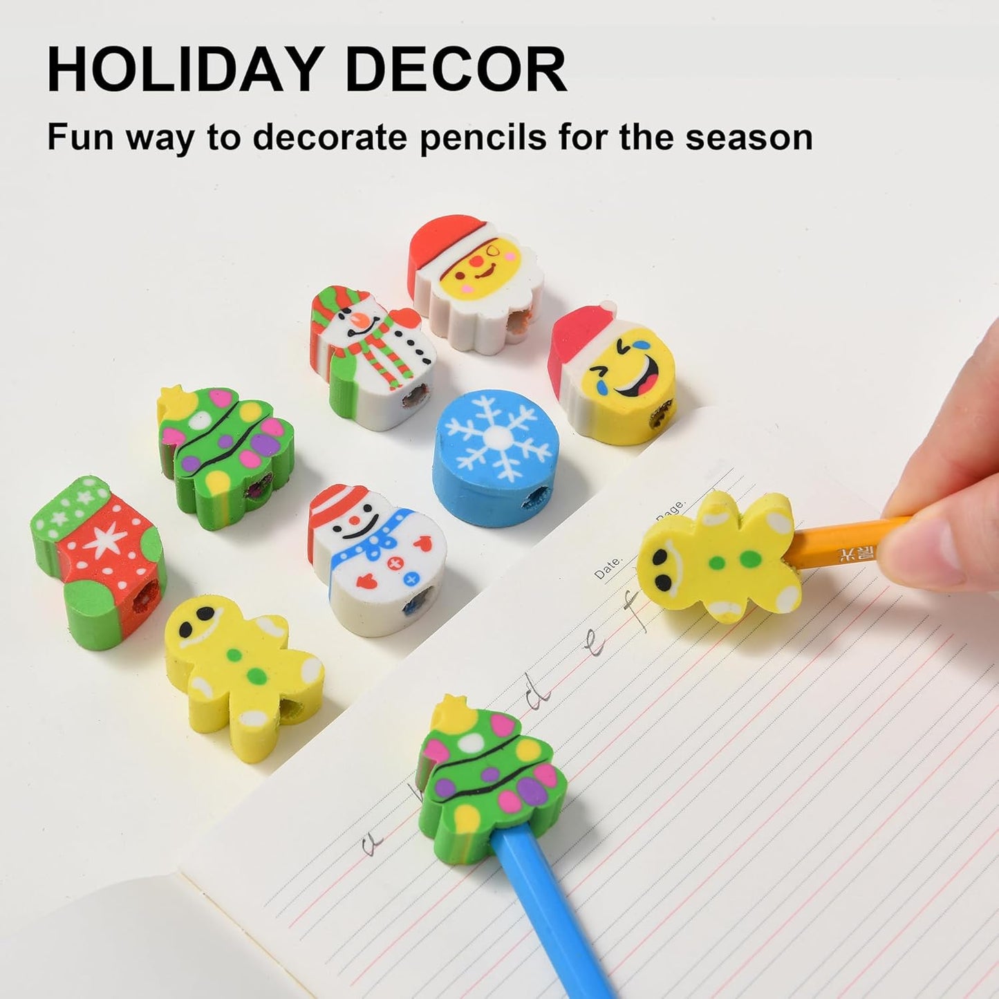 HILAZA 42Pcs Christmas Pencil Top Erasers for Kids Bulk, Cute Eraser Toppers Pencil Cap Erasers for Stocking Stuffers Goodie Bags Stuffers Holiday Party Favors